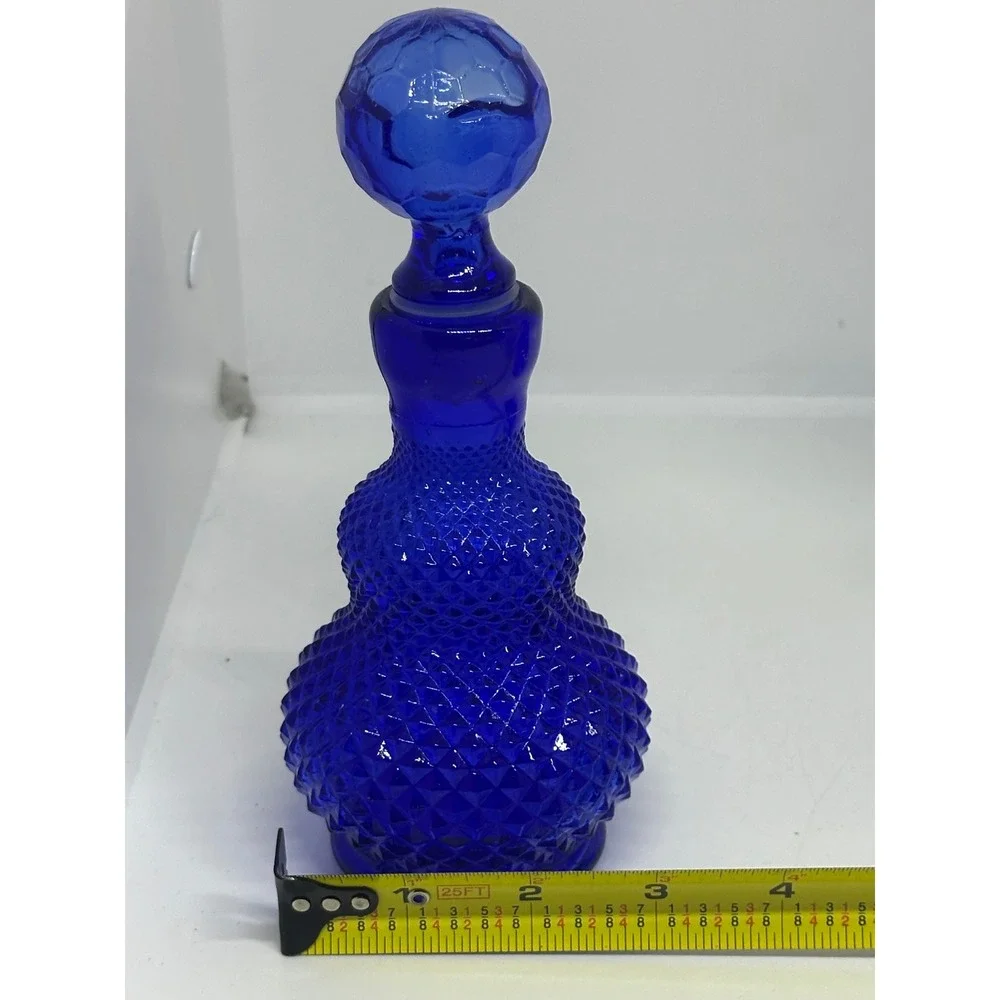 VTG Made In Taiwan Cobalt Blue Glass Decanter Bottles Diamond Point Set of 2